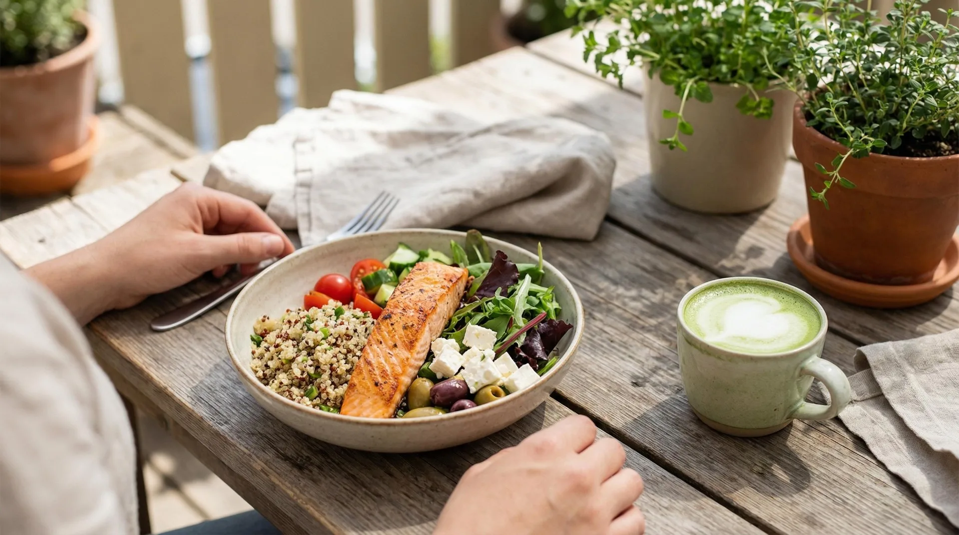 A nourishing bowl of salmon, quinoa and salad on an outdoor table in natural light