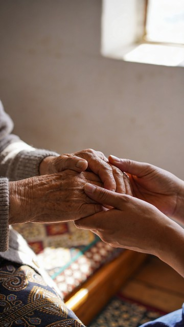 A carer gently holding an older resident's hands in warm natural light
